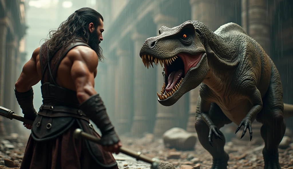 (professional 3d render:1.3) af (Realistic:1.3) most beautiful artwork photo in the world，Features soft and shiny male heroes, ((Epic hero fantasy muscle man KRATOS rough wet hero angry look long hair short beard and ferocious expression in dynamic pose, Fighting giant muscular T-Rex Theriantrophy ready to fight it. (BACK ANGLE) , Fantastic location, Majestic cluttered environment)), full body 8k unity render, action shot, skin pore, very dark lighting, heavyshading, Detailed, Detailed face, (vibrant, photograph realistic, Realistic, Dramatic, Dark, Sharp focus, 8K), (Old leather garments damaged by weathering:1.4), ((((Wear fur)))), (Intricate:1.4), decadent, (Highly detailed:1.4), Digital painting, rendering by octane, art stations, concept-art, smooth, Sharp focus, illustration, Art germ, (loish:0.23), wlop ilya kuvshinov, and greg rutkowski and alphonse mucha gracias, (Global illumination, Studio light, volumettic light), heavy rain, particles floating, lotr, fantasy, elf, full bodyesbian, ((Dark and ancient city background:1.3)),CGSesociety,art stations,ray tracing, Bokeh,,