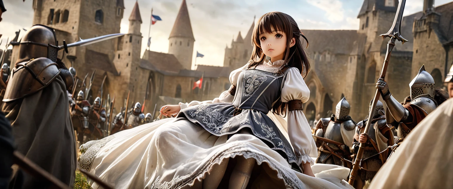 (  Highly Detailed CG Octane Rendering 8K Wallpaper ),  World's Most Beautiful Artwork  ,  Long Spear with a Flag , Complex,  high detail, ８  girl , Silver embroidery, Medieval Long Cotton Dress （With panniers）, cotton cloth,  Raise Skirt  , Strong winds, Transparent slip, Translucent Tights  , Peeking from below, Best Quality, Disarray of clothing,  lies down, underwear,  show off your thighs, knight , Skirt lining, Bloomers、 Leather Armor、 with a flag attached to a long spear ,Winner 、battlefield、