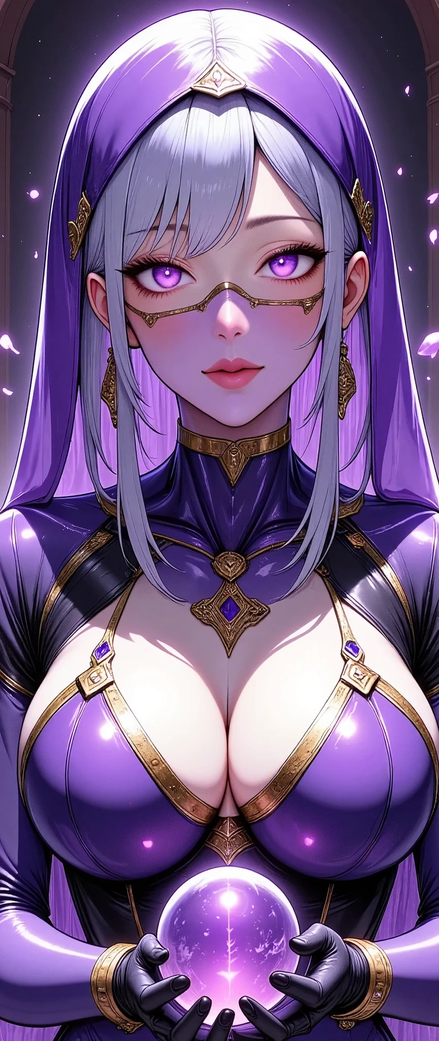 (masterpiece,  Best Illustration ,Super detailed),(  an android female fortune teller ),(front),(Facial beauty),( beautiful eyes),(Look this way),( super sexy ),(whole body:2.0),( bewitching expression),(The background is a purple cyber fortune telling room ),( detailed hands),( beautiful woman's hands ),( dynamic ),(Cover your mouth with a thin purple stole ),(Purple Hair),( Cyberpunk fortune teller costume and decoration :2.0),( Illustrations based on purple ),(Cyberpunk fortune teller's hood:2.0),(Rear view:2.0)