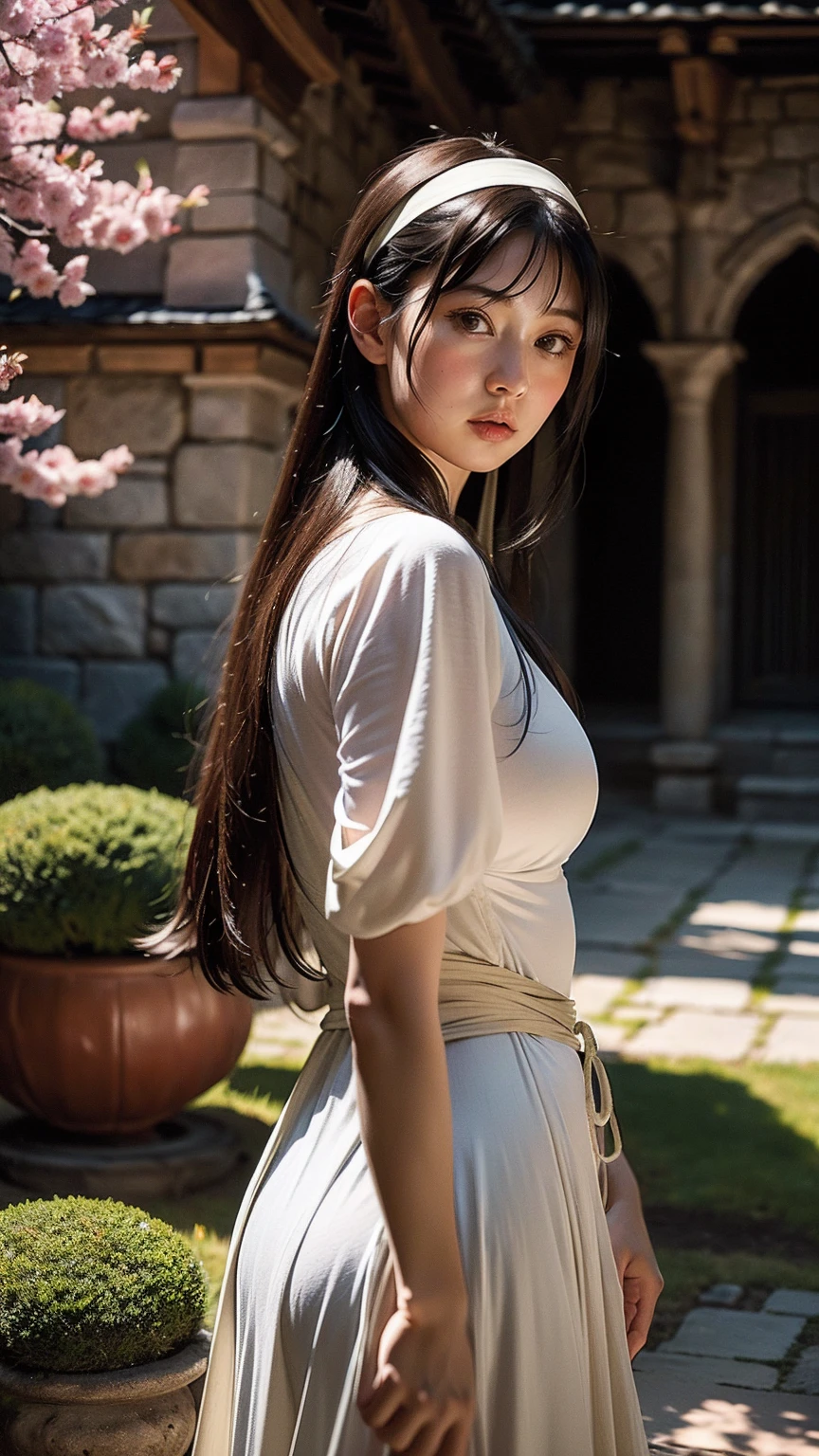 beautiful girl Japanese students Side view naked There is a rope around his neck