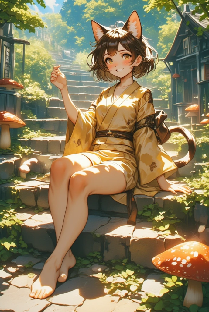 Cat on the Stone Steps, cat girl, brown eyes, cat ears, open mouth, cat tail, short hair, hairstyle, eyebrows, kimono, obi, wide sleeve, long sleeve, sitting, raising right hand above, gaze, outdoors, mushroom, leaves, plant, forest, alone, tree, tail, nature, landscape, wide shot, sunlight, stairs, sitting on stairs, catgirl, smiling, animal ear fluff, daytime Animal ear fluff, cat, smiling, daylight