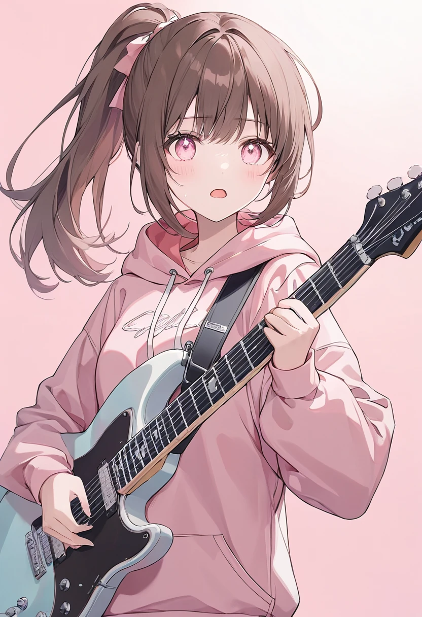 ((pastel))、1 woman, upper body, cowboy shot,Woman holding an electric guitar ,red,Look this way,((Careful depiction)),Red gradient eyes,Teary-eyed, open your mouth ,Brown Hair, ponytail, pink hoodie ,, The background is pale pink , Moderate Blur ,Light, strong vignette soft pattern masterpiece,Best Quality,Exquisite,8k, absurd, super detailed illustrations on white paper ,( Viewers )