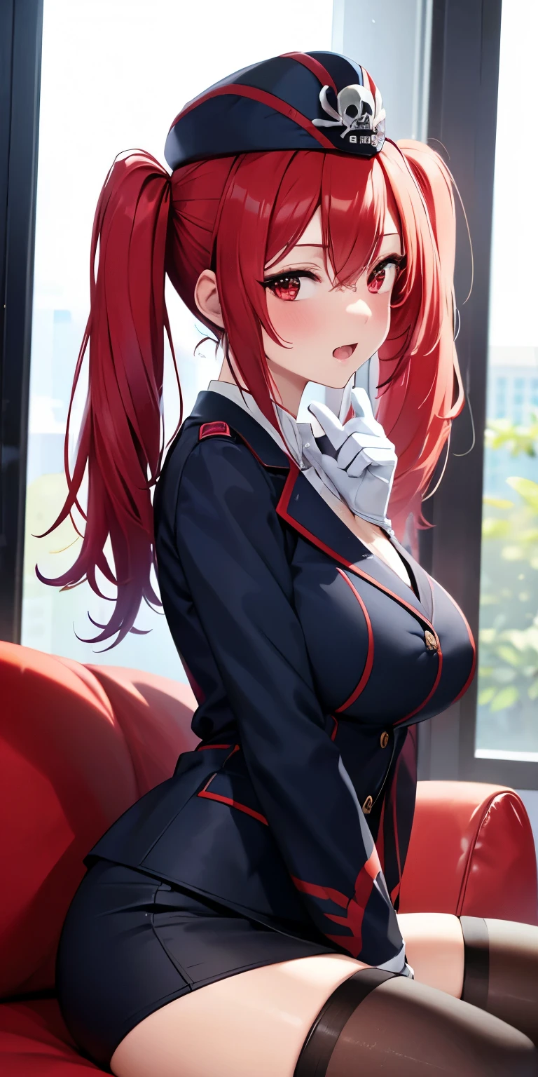 1 Female,High definition,high resolution,Ultra-realistic,8K, 1girl, solo, red hair, red eyes, twintails, employee uniform, pencil skirt, skull print, navy cap, fang, black legwear, white gloves, large breasts,European,sexy,Upper body close-up,Photographed from the front,Dynamic Angles,(blush), (medium ) , multicolored hair , sitting, spread legs 