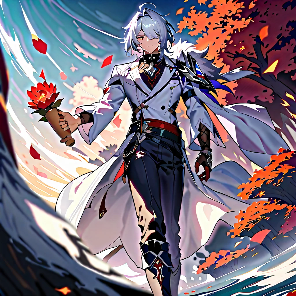 ((masterpiece)),((best quality)),highres,extremely detailed CG,perfect lighting,8k wallpaper, 1boy,acheron \(honkai: star rail\),muscular body, tall boy, white hair,short hair,red eyes, white pupils, fluffy hair, middle bang, black tight top, white kimono, white coat, dark pants, boots, red flowers blooming, blood, white realm, side-face, glancing, detailed clothes, golden lines, zooming in on face, glancing at camera, dull expression