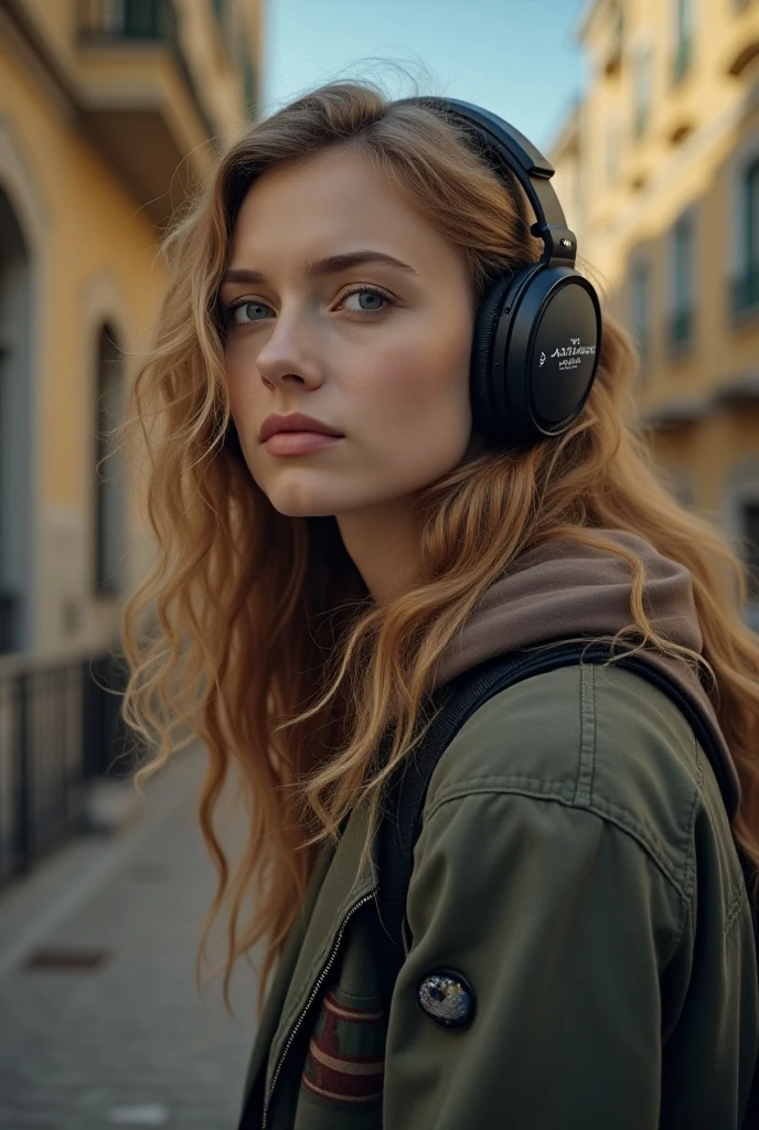 there is a woman standing in front of a wall with a painting on it, graffiti in the background, photo shoot, taken in 2 0 2 0, photoshoot, curly blonde hair | d & d, graffiti in background, music video, portrait image, short curly blonde haired girl, profile image, profile shot, blonde curly hair, photo taken in 2 0 2 0