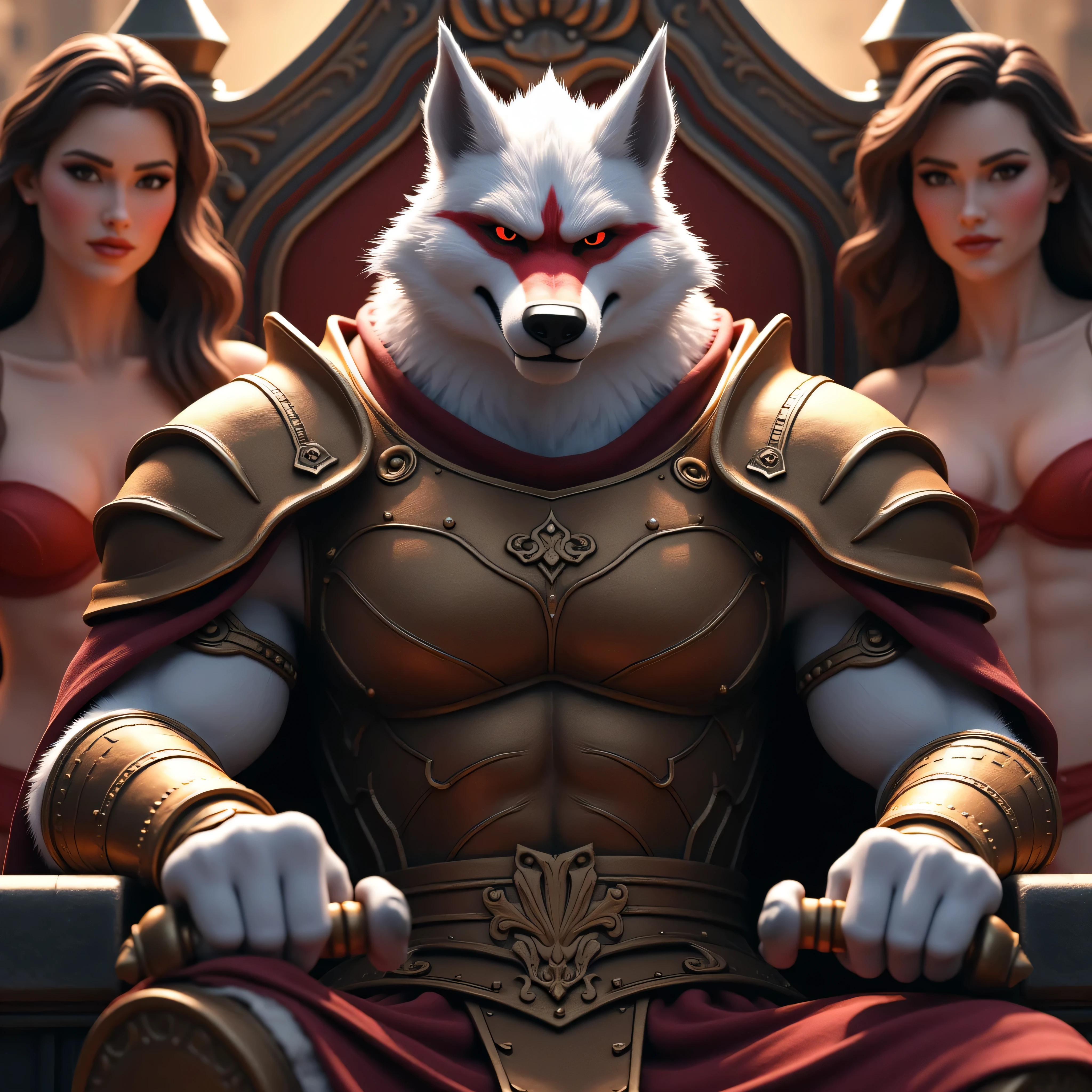 A hyperrealistic 3D render of a powerful, muscular male anthro death wolf, once a mortal warrior who defeated Ares and ascended as the new God of War. He sits on a grand throne, exuding authority and strength, with piercing red eyes and white fur, a distinctive red scar across one eye, and wielding the iconic Blades of Chaos. His armor is godly, detailed with intricate patterns and golden accents, symbolizing his divine power. Women are at his side, enhancing his sense of dominance. He stares at the viewer with a serious, intense look, as if challenging anyone to oppose him. Cinematic lighting and angles, with soft backlighting and detailed color gradients, add depth to the scene, emphasizing his godlike aura. A rich color palette, vibrant yet realistic, highlights every aspect, from his fur to his armor. Caption: 'I owe you nothing.' High quality, CyberRealistic, photorealistic, AddXL, with intricate details, depth of field, and long exposure for dramatic effect.",