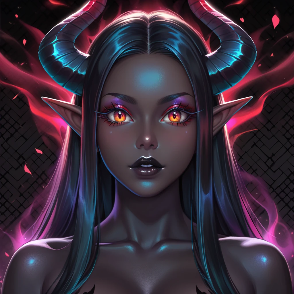 score_9, score_8_up, score_7_up, (Random poses), A beautifully detailed woman, succubus female, long black hair, elf ears, large eyes, red iris, long eyelashes, detailed facial features, black lipstick, (((Black skin))), demon horns, ((dark aura around body)), (((Black pattern background)))
