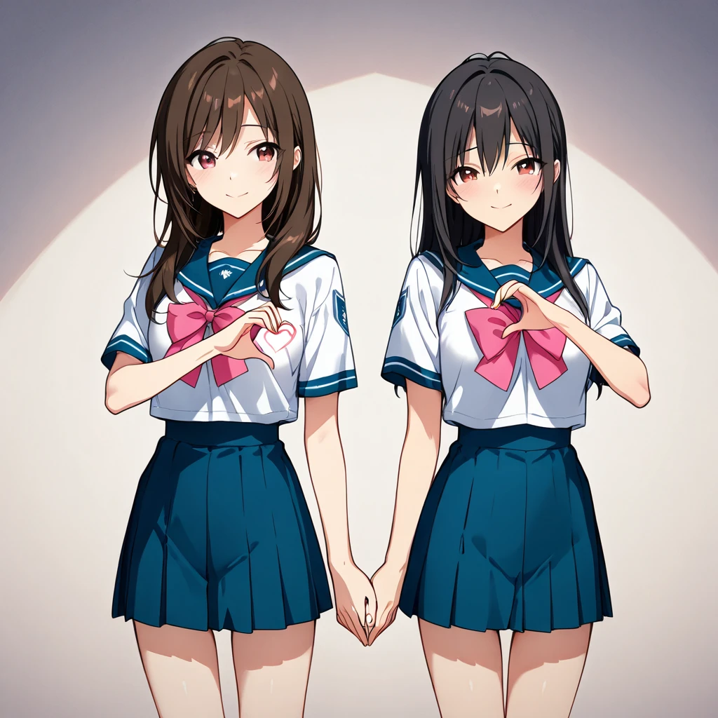 ((Heart Hand),)Love Student,  two female students in uniform,  Lesbian Couple ,  tall and skinny , beautiful, Alumna x Alumna, Classmate masterpiece , Best Quality,  details,  textured skin,  cowboy shot,