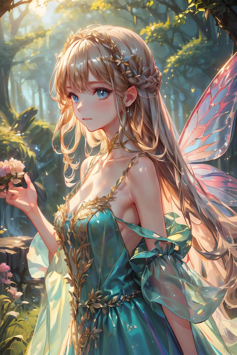 (((Best quality, 8k, Masterpiece: 1.3)), ((best quality)), ((masterpiece)), (detailed), perfect face, perfect body, (detailed skin:1.3), (intricate details), A graceful, grown-up fairy woman with delicate features and an air of elegance stands in an enchanted forest. She has shimmering wings that reflect hints of silver and gold in the soft moonlight. Dressed in a sophisticated, flowing blue gown adorned with subtle sparkles, she has an aura of maturity while still retaining her playful, magical essence. Her blonde hair is styled elegantly, and she wears a gentle, knowing smile. The forest around her is alive with glowing flowers, softly swaying trees, and a mist that adds a mystical atmosphere, creating a scene of enchanting beauty