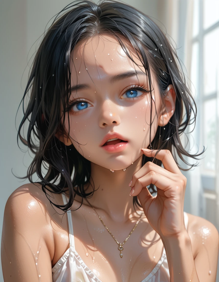 Black Hair, blue eyes, small breasts,blue cybersuit、 A friendly expression 、Small open mouth、Light pink lipstick hold out your hand here、 sweaty、Sharp Eyes、 tanned healthy skin、Short eyelashes、