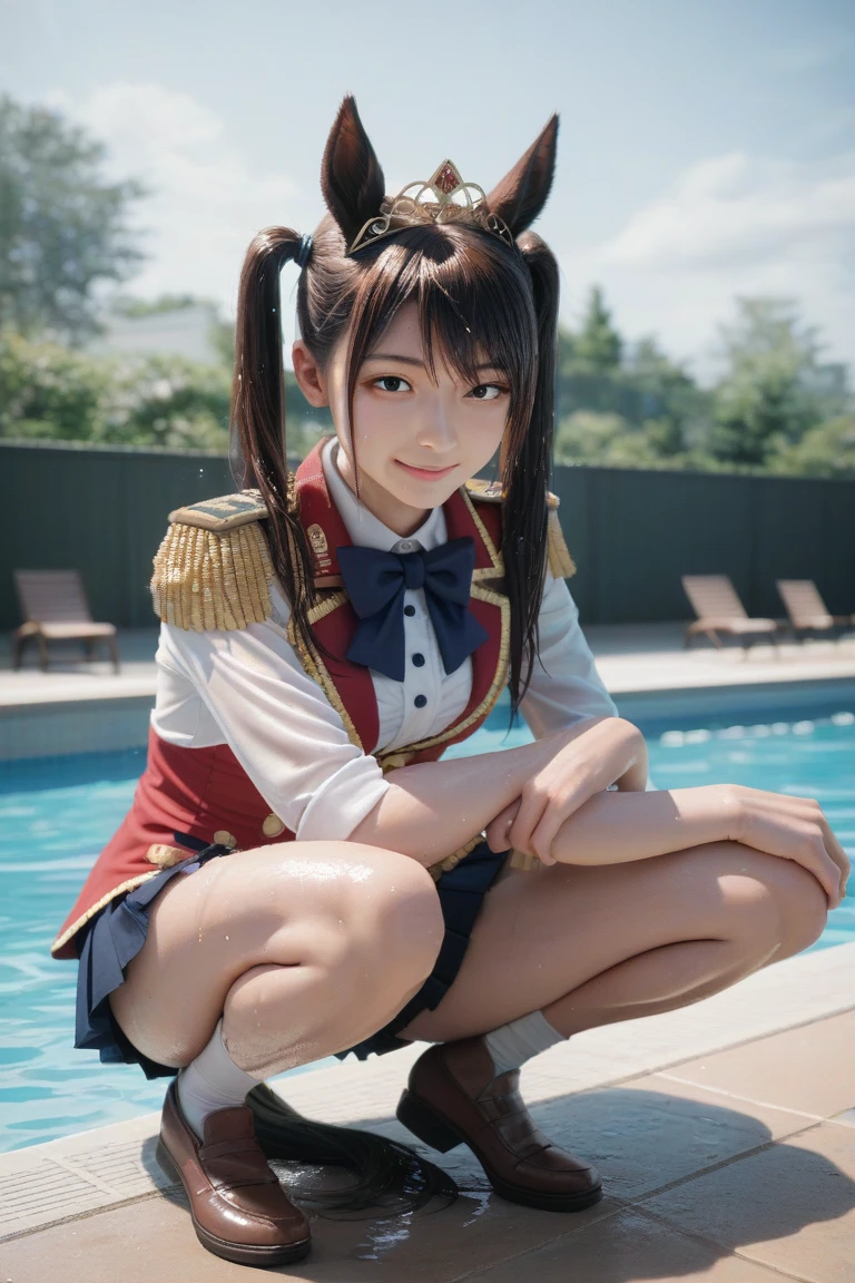 daiwadef, twintails, tiara, horse ears, underbust, center frills, bowtie, epaulettes, dripping wet 旧スク, horse tail, brown hair, (((sitting, squatting, leg_spread))), wet hair, naughty smile, in heat, steam, poolside, masterpiece, best quality, ultra detailed, anime illustration, ideal anatomy, 