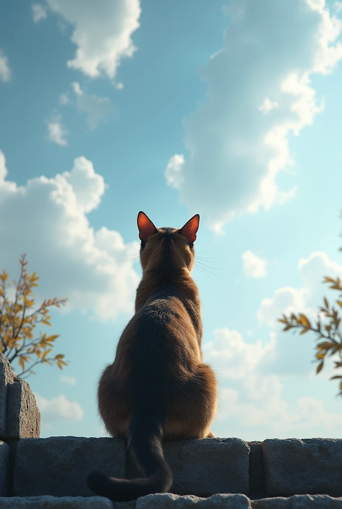 ((masterpiece, highest quality, Highest image quality, High resolution, photorealistic, Raw photo, Extremely detailed CG unified 8k wallpaper)), Back view of the cat sitting on the stone steps, looking up at the clouds,