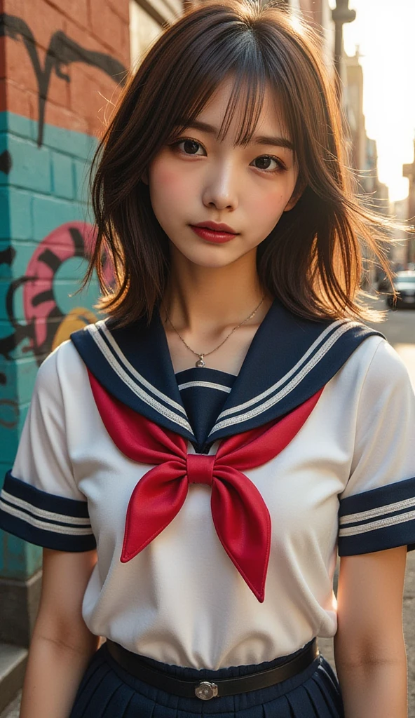  Beautiful Stunning Women Fluttering Their Hair ,  Japanese high school sailor suit  :1.331,  navy blue pleated skirt ,  Her own portrait mural is painted on the finely tiled wall of a corner building,  Her own portrait is colorful street painting ,  Her portrait is reflected in a mural , The original girl stands with her back to the mural , Embossed mural , Street Movement ,  sun rays ,  anatomically correct proportions, Expression of absolute beauty ,  Absolute narcissism , 