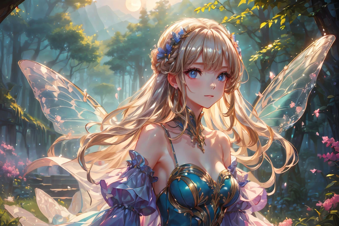 (((Best quality, 8k, Masterpiece: 1.3)), ((best quality)), ((masterpiece)), (detailed), perfect face, perfect body, (detailed skin:1.3), (intricate details), A graceful, grown-up fairy woman with delicate features and an air of elegance stands in an enchanted forest. She has shimmering wings that reflect hints of silver and gold in the soft moonlight. Dressed in a sophisticated, flowing blue gown adorned with subtle sparkles, she has an aura of maturity while still retaining her playful, magical essence. Her blonde hair is styled elegantly, and she wears a gentle, knowing smile. The forest around her is alive with glowing flowers, softly swaying trees, and a mist that adds a mystical atmosphere, creating a scene of enchanting beauty