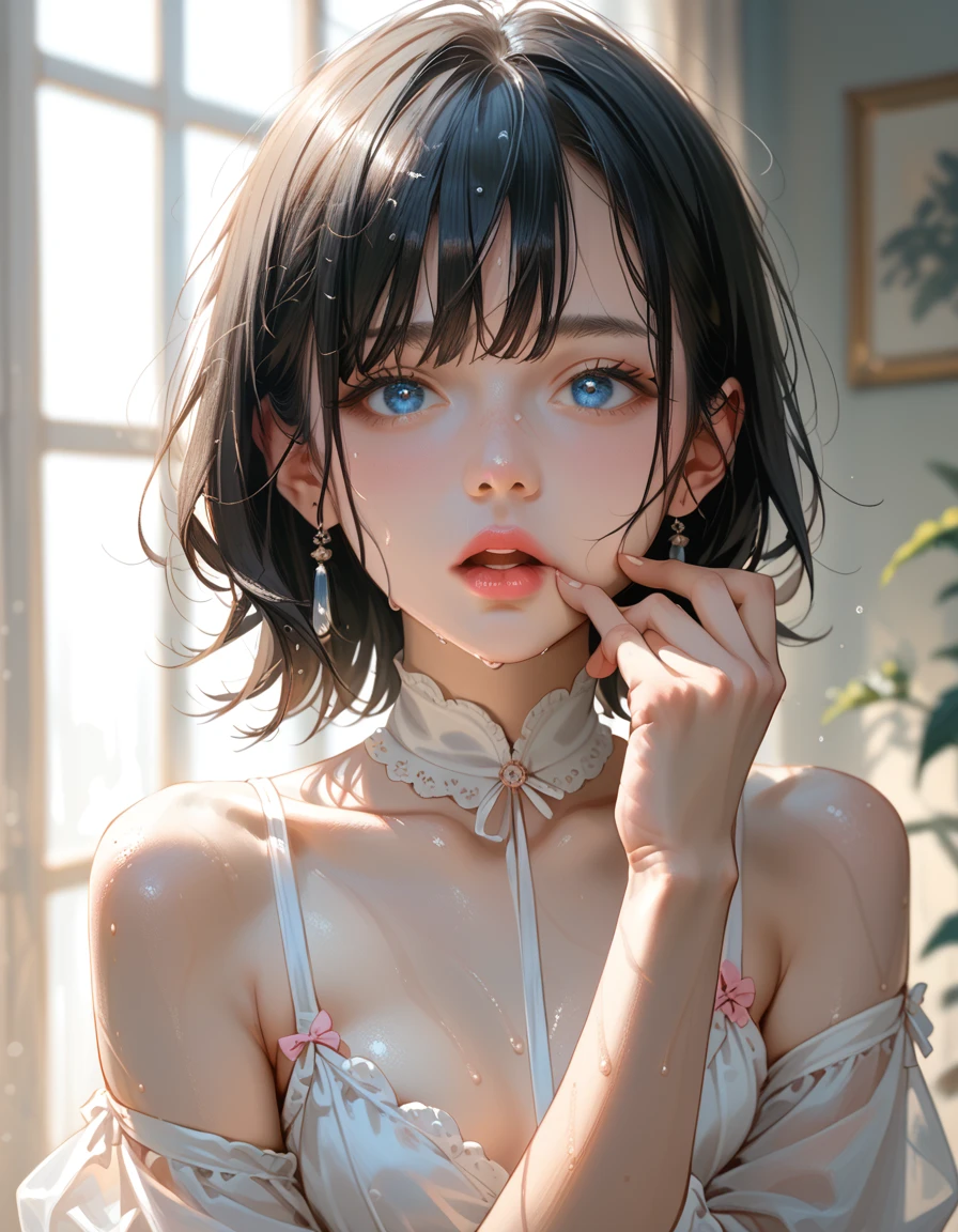 Black Hair, blue eyes, small breasts,、Cyber Suit、A friendly expression 、Small open mouth、 light pink lipstick hold your hand here、 sweaty、Sharp Eyes、A look that looks into us