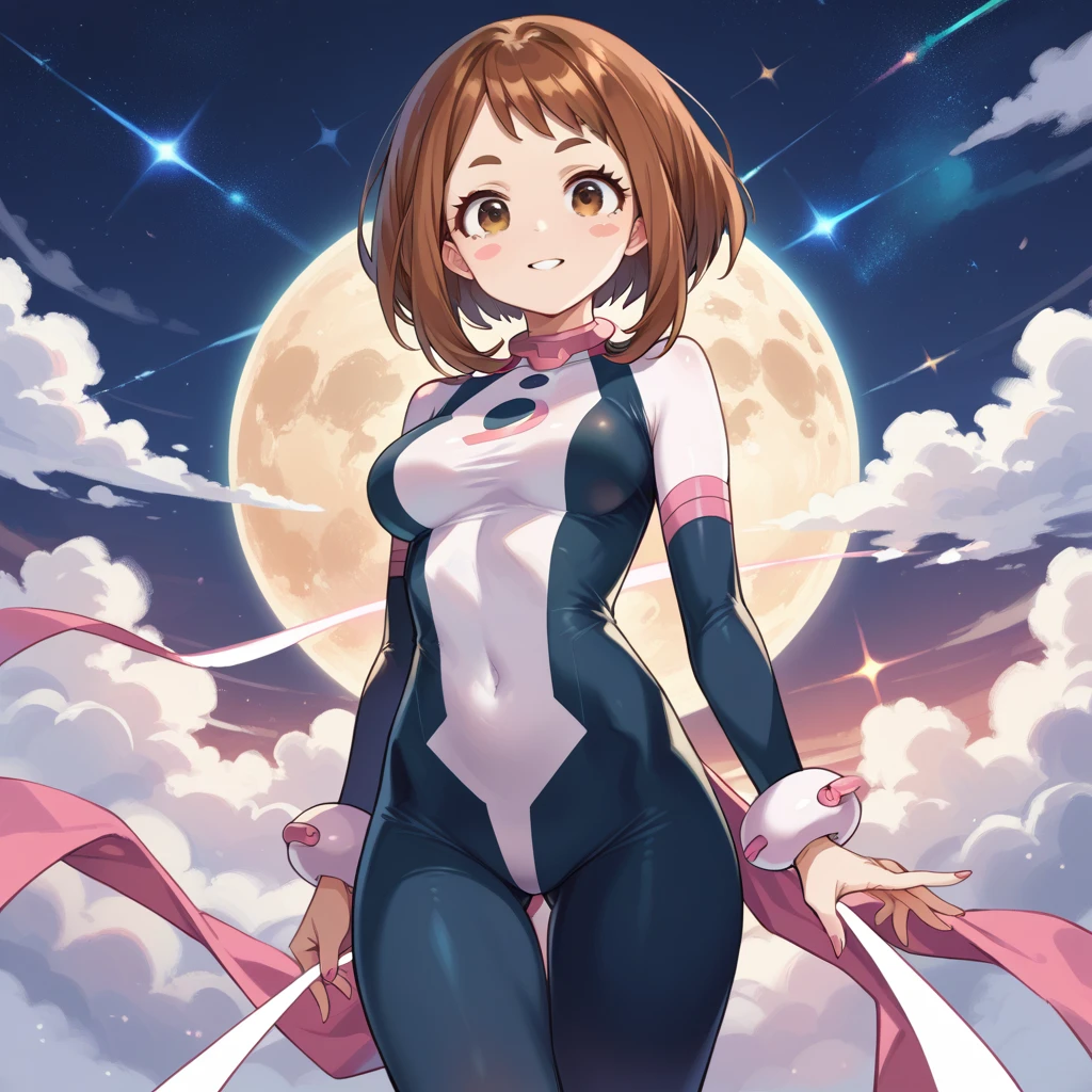 (side angle), ochako uraraka, brown eyes, brown hair, short hair, blush, blush stickers, bodysuit, skin tight, superhero, slender body, tiny waist. sexy body, sexy figure, slim legs, slim figure, sexy, tiny waist, desireable, tempting, lust