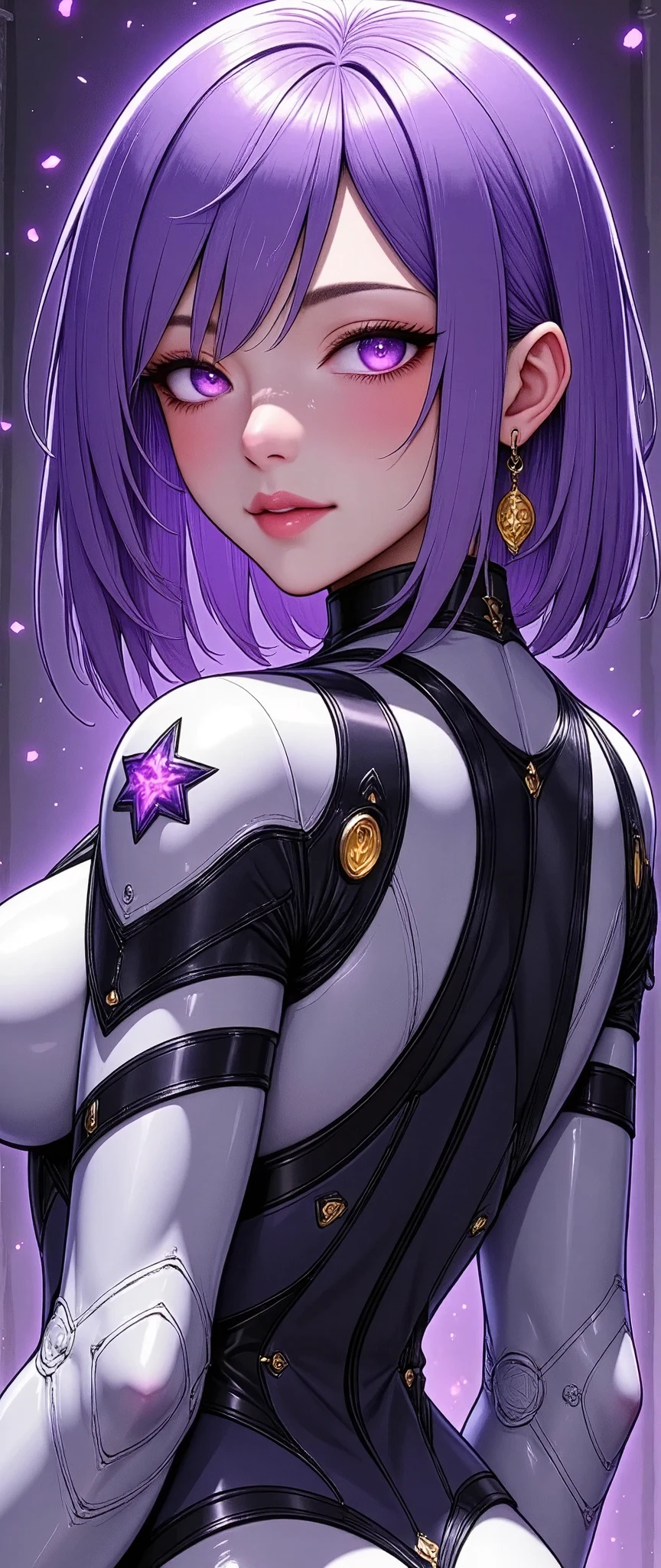 (masterpiece,  Best Illustration ,Super detailed),(  an android female fortune teller ),(front),(Facial beauty),( beautiful eyes),( super sexy ),(whole body:2.0),( bewitching expression),(The background is a purple cyber fortune telling room ),( detailed hands),( beautiful woman's hands ),( dynamic ),(Purple Hair),( Cyberpunk fortune teller costume and decoration :2.0),( Illustrations based on purple ),(Cyberpunk fortune teller's hood:2.0),(Rear view:2.0)