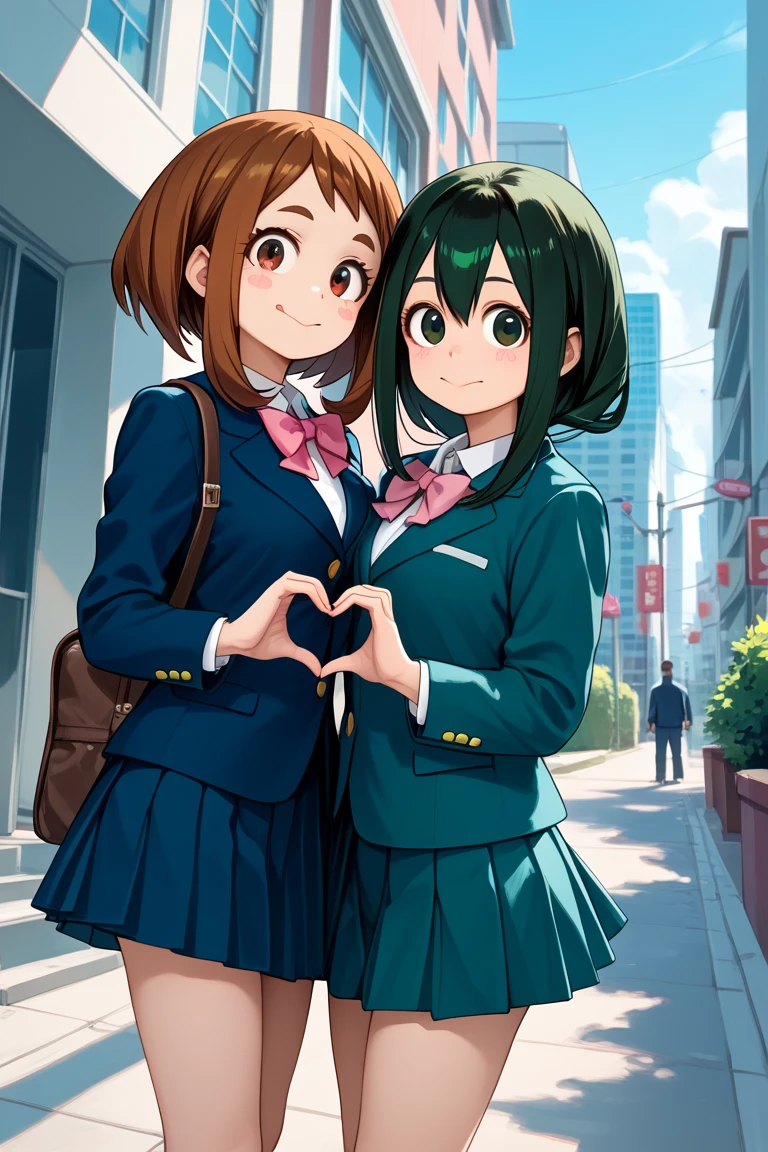 2girls, uraraka ochako, asui tsuyu, u.a. school uniform, skirt, official costume, outdoors, city, general, 
standing , heart hand duo, cowboy shot, looking at viewer, dutch angle, Relieved, Mouth turned up slightly, eyes wide open, and a relaxed jaw.,,