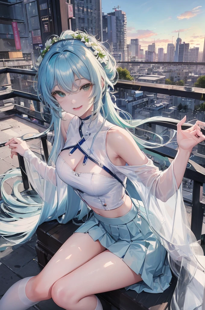 official art, masterpiece, sharp focus, (beautiful gorgeous cute Korean woman:1.3), (beautiful cute korean:1.3), korean beauty, Delicate and beautiful hair and eyes and face, realistic, ultra detailed, beautiful girl, blue sky, glow white particle, (sidelighting:1.2), sun light, white cloud, detailed clouds, slender, Lovely very large breasts and very large hips, smile with teeth, ((smile with eyes, open both eyes)), scenery, long straight hair, sexy facial expression, building, (cityscape:1.7), dynamic hair, long straight hair, detailed platinum pink hair, glow blue eyes, (blue pleated shirts + white skirt), white long socks, pale skin, hair ornament, epic scenery,