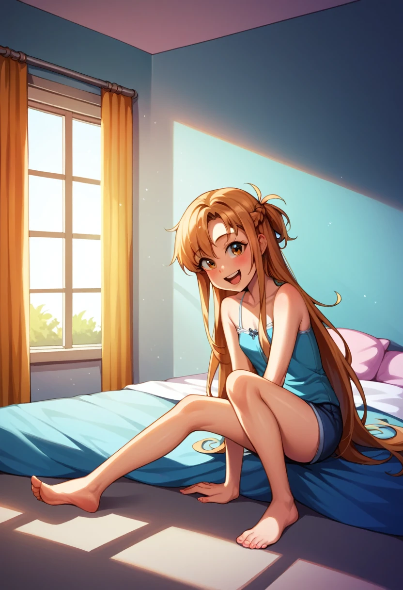 ((Best Quality)), ((masterpiece)), (be familiar with),  perfect face, indoor, bedroom,  watching viewers,
One woman,  Asuna Yuki,
 characters with open mouth ,  ecstatic expression, blush, smile,
Small breasts,  flat chest, Young girl, Lori,  kids,  girl,
Long Hair,  long hair,
Leg spread,