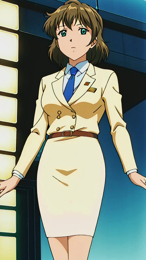 Brown Hair、 Long Straight Hair、Green Eyes，悲しいface， Full Body Style 、 normal breasts、 narrow waist 、Bare legs、In a suit、 blue jacket ,襟付きshirt, shirt, yellow tie ,belt,,  Blue Mini Pencil Skirt, black tights，White pumps，My legs are slightly flabby， OFFICIAL ART, Extremely Fine CG Unity 8k Wallpaper,  full light, colorful , bright _ Front_face_Lighting,  shiny skin, ( masterpiece:1.0),(Highest_quality:1.0), 超 Hi-Res,4K,Ultra-detailed, photo shoot, 8k,  Hi-Res,  Hi-Res,  absurd:1.2,  Kodak Portra 400,  film grain,  blurry background, Bokeh:1.2,  lens flare , (Vibrant_ color:1.2), Professional photography,Anime Images、