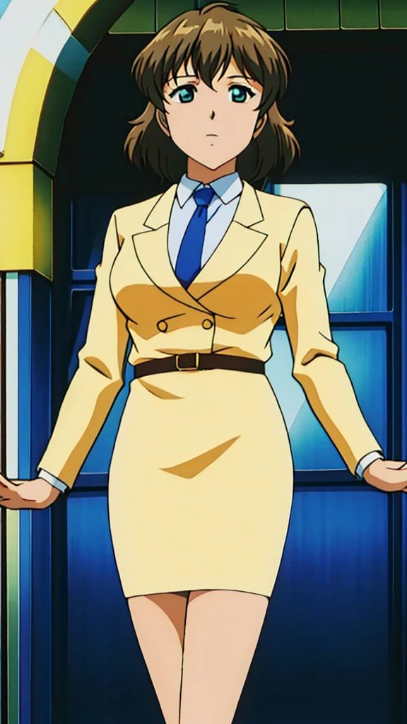 Brown Hair、 Long Straight Hair、Green Eyes，悲しいface， Full Body Style 、 normal breasts、 narrow waist 、Bare legs、In a suit、 blue jacket ,襟付きshirt, shirt, yellow tie ,belt,,  Blue Mini Pencil Skirt, black tights，White pumps，My legs are slightly flabby， OFFICIAL ART, Extremely Fine CG Unity 8k Wallpaper,  full light, colorful , bright _ Front_face_Lighting,  shiny skin, ( masterpiece:1.0),(Highest_quality:1.0), 超 Hi-Res,4K,Ultra-detailed, photo shoot, 8k,  Hi-Res,  Hi-Res,  absurd:1.2,  Kodak Portra 400,  film grain,  blurry background, Bokeh:1.2,  lens flare , (Vibrant_ color:1.2), Professional photography,Anime Images、