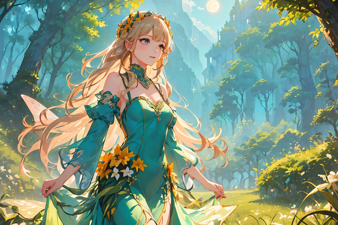 (((Best quality, 8k, Masterpiece: 1.3)), ((best quality)), ((masterpiece)), (detailed), perfect face, perfect body, (detailed skin:1.3), (intricate details), A graceful, grown-up fairy woman with delicate features and an air of elegance stands in an enchanted forest. She has shimmering wings that reflect hints of silver and gold in the soft moonlight. Dressed in a sophisticated, flowing blue gown adorned with subtle sparkles, she has an aura of maturity while still retaining her playful, magical essence. Her blonde hair is styled elegantly, and she wears a gentle, knowing smile. The forest around her is alive with glowing flowers, softly swaying trees, and a mist that adds a mystical atmosphere, creating a scene of enchanting beauty