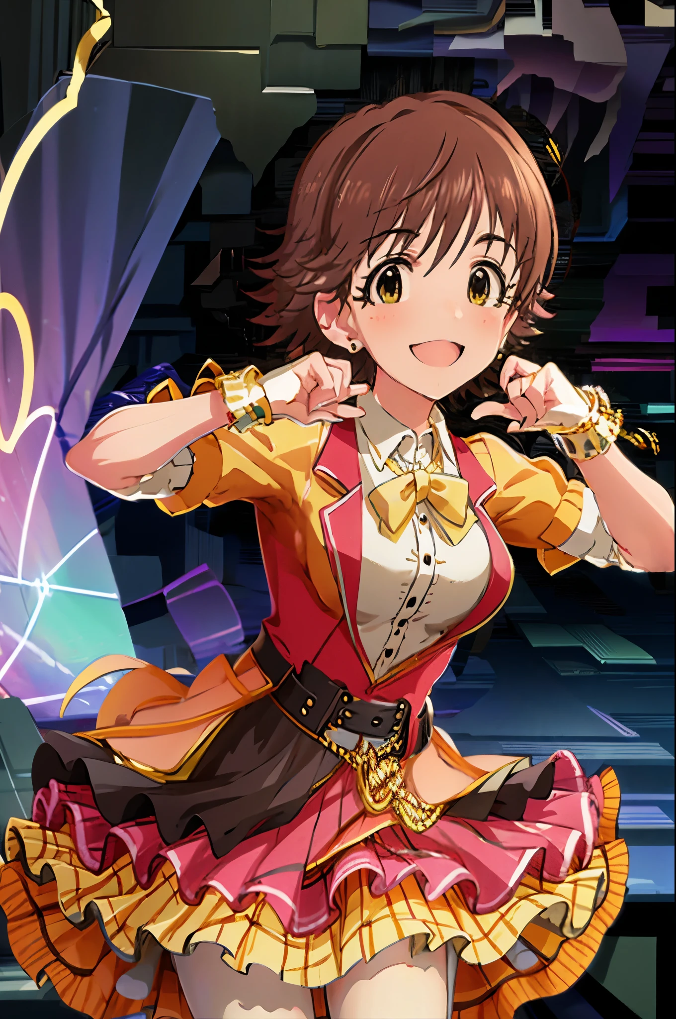 Idol Honda Mio、 heart with your finger、Jump、Wink、smile、 idol costume、on stage、Jump、Wave、 idle stage