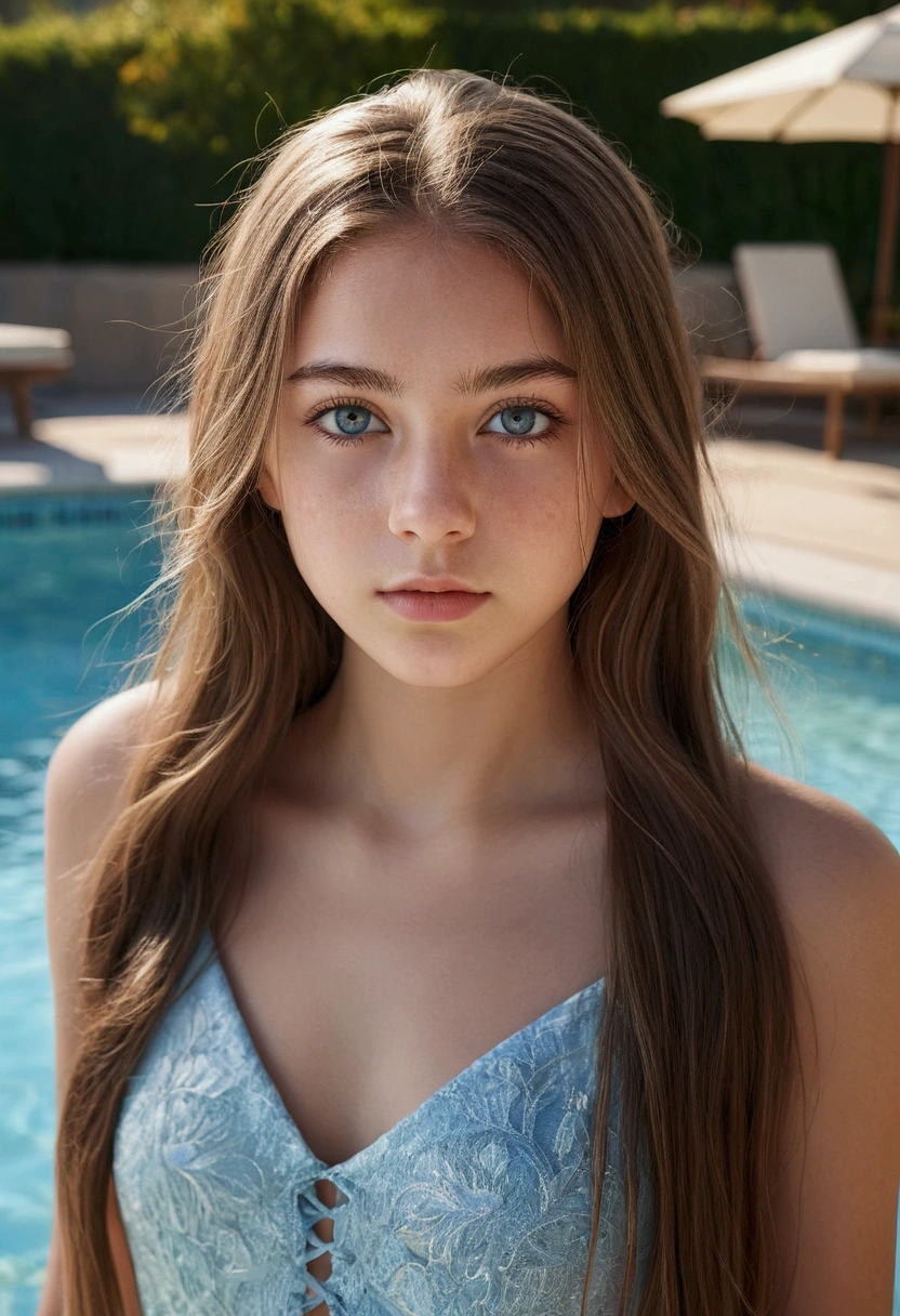 full body image of 18 year old girl, beautiful detailed eyes, extremely detailed face and features, long eyelashes, long flowing hair, nude, outdoor pool setting, natural lighting, cinematic composition, highly detailed, photorealistic, 8k , work of art