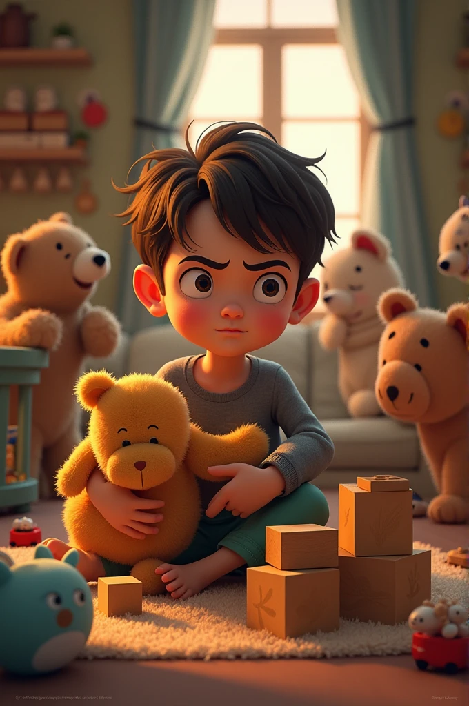  Description : An eight year old, Elias, with tousled brown hair, holds an old teddy bear. The boy is standing in a dark attic, illuminated by a ray of light entering through a window. The attic is cluttered with old boxes, of furniture covered with sheets, and hanging spider webs.