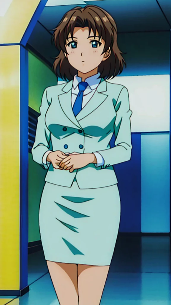 Brown Hair、 Long Straight Hair、Green Eyes，悲しいface， Full Body Style 、 normal breasts、 narrow waist 、Bare legs、In a suit、 blue jacket ,襟付きshirt, shirt, yellow tie ,belt,,  Blue Mini Pencil Skirt, black tights，White pumps，My legs are slightly flabby， OFFICIAL ART, Extremely Fine CG Unity 8k Wallpaper,  full light, colorful , bright _ Front_face_Lighting,  shiny skin, ( masterpiece:1.0),(Highest_quality:1.0), 超 Hi-Res,4K,Ultra-detailed, photo shoot, 8k,  Hi-Res,  Hi-Res,  absurd:1.2,  Kodak Portra 400,  film grain,  blurry background, Bokeh:1.2,  lens flare , (Vibrant_ color:1.2), Professional photography,Anime Images、