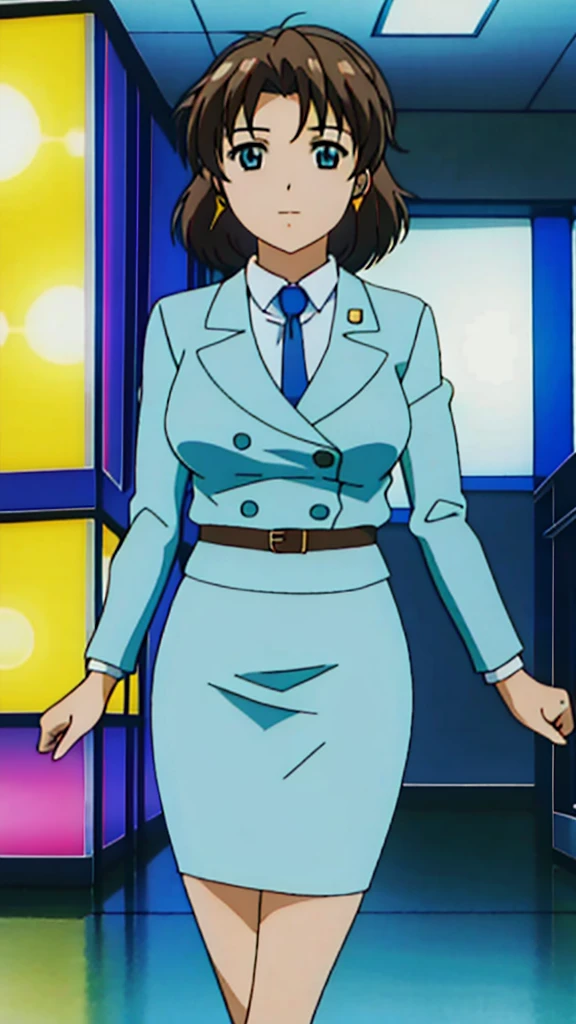 Brown Hair、 Long Straight Hair、Green Eyes，悲しいface， Full Body Style 、 normal breasts、 narrow waist 、Bare legs、In a suit、 blue jacket ,襟付きshirt, shirt, yellow tie ,belt,,  Blue Mini Pencil Skirt, black tights，White pumps，My legs are slightly flabby， OFFICIAL ART, Extremely Fine CG Unity 8k Wallpaper,  full light, colorful , bright _ Front_face_Lighting,  shiny skin, ( masterpiece:1.0),(Highest_quality:1.0), 超 Hi-Res,4K,Ultra-detailed, photo shoot, 8k,  Hi-Res,  Hi-Res,  absurd:1.2,  Kodak Portra 400,  film grain,  blurry background, Bokeh:1.2,  lens flare , (Vibrant_ color:1.2), Professional photography,Anime Images、