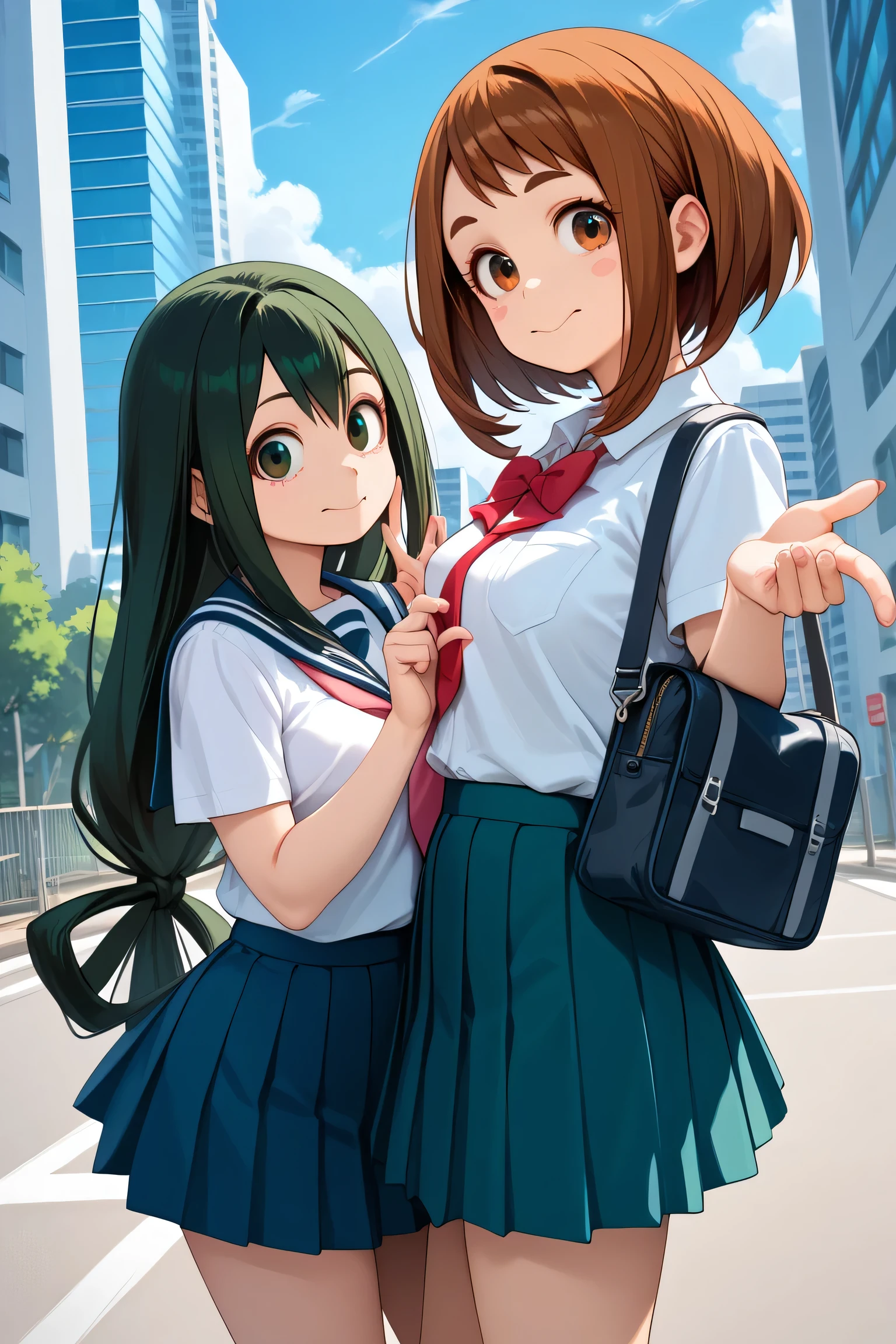 2girls, uraraka ochako, asui tsuyu, u.a. school uniform, skirt, official costume, outdoors, city, general, 
standing , heart hand duo, cowboy shot, looking at viewer, dutch angle, Relieved, Mouth turned up slightly, eyes wide open, and a relaxed jaw.,,