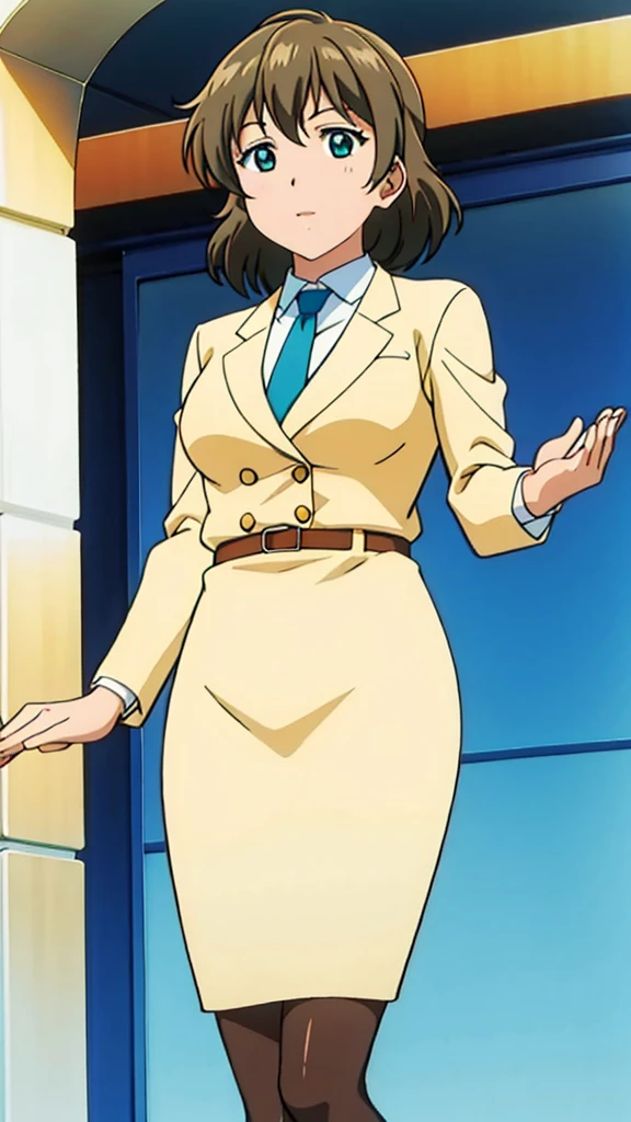 Brown Hair、 Long Straight Hair、Green Eyes，悲しいface， Full Body Style 、 normal breasts、 narrow waist 、Bare legs、In a suit、 blue jacket ,襟付きshirt, shirt, yellow tie ,belt,,  Blue Mini Pencil Skirt, black tights，White pumps，My legs are slightly flabby， OFFICIAL ART, Extremely Fine CG Unity 8k Wallpaper,  full light, colorful , bright _ Front_face_Lighting,  shiny skin, ( masterpiece:1.0),(Highest_quality:1.0), 超 Hi-Res,4K,Ultra-detailed, photo shoot, 8k,  Hi-Res,  Hi-Res,  absurd:1.2,  Kodak Portra 400,  film grain,  blurry background, Bokeh:1.2,  lens flare , (Vibrant_ color:1.2), Professional photography,Anime Images、