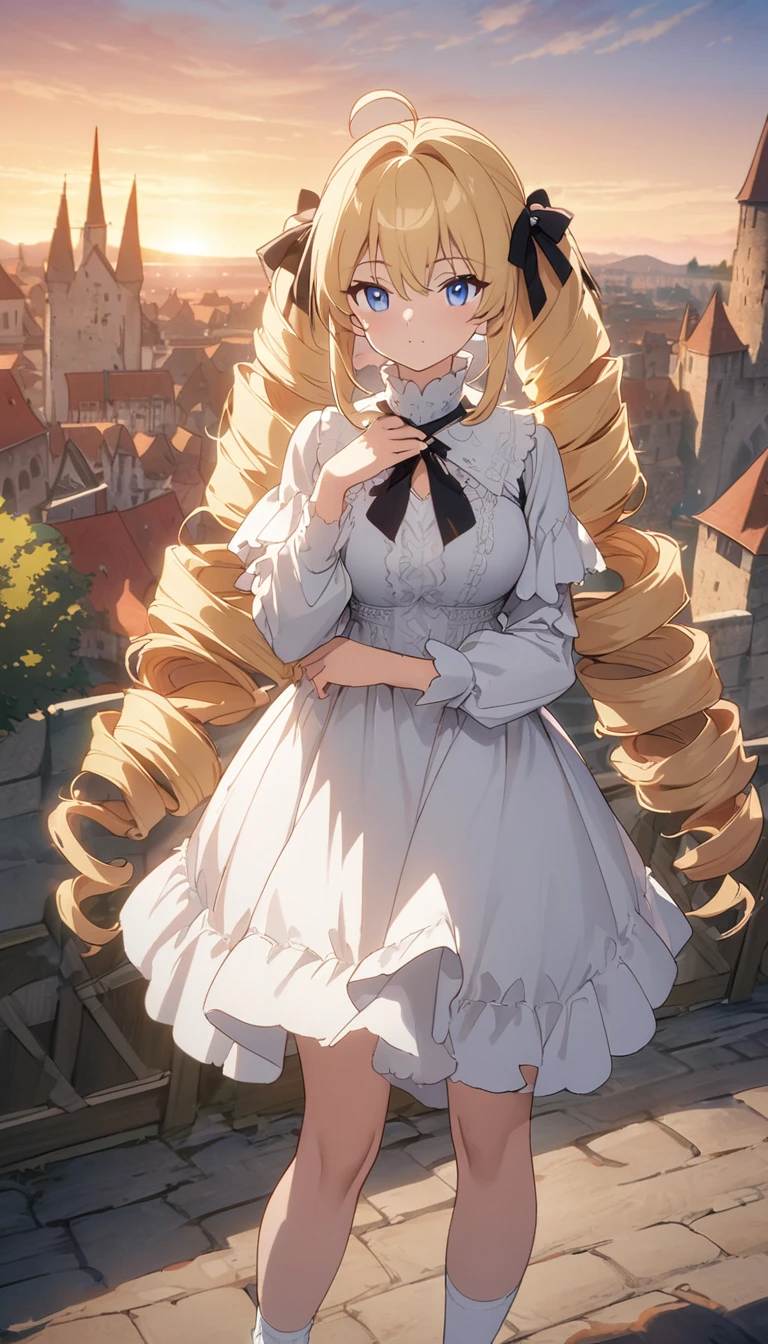 woman、blonde、Long Hair、Drill Hair、Ahoge、  twin tails、 blue eyes、 tree eyes 、 Details、  white ****ta dress 、  big black ribbon on the chest  、  Loafers、  holding white socks  、sunset、medieval city background  、、Anime、Illustration、Best Quality、 masterpiece、  Gweiz inspired by Los Trans 、, Best Hand