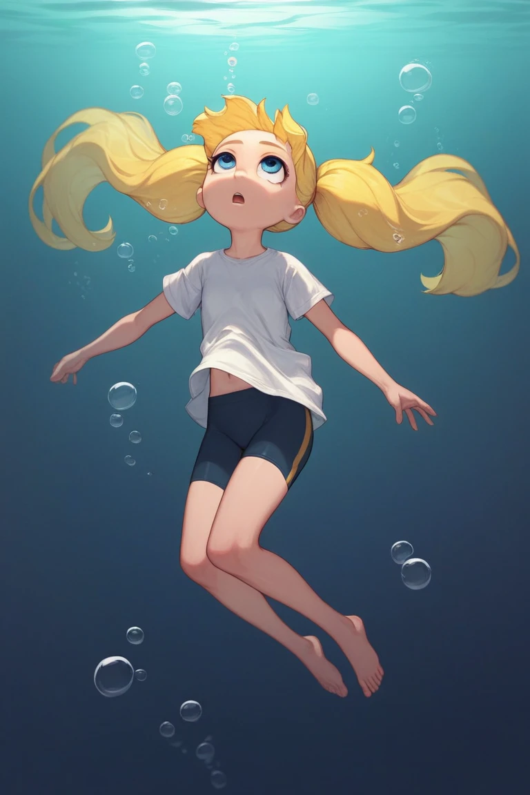 score_9, score_8_up, score_7_up, 1girl, source_anime, () yellow hair, blue eyes, ponytails, very long hair, flat chest, Powerpuff girls style, navy blue bike shorts, tinny blue t-shirt, ((Diving underwater)), looking up, unconscious state, asleep, open mouth, half-closed eyes, lots of bubbles coming out of mouth, Firm legs, dark background, deep breathing, floating unconscious, full body, focus on thighs, Body in the distance, distant view, body in the depths..