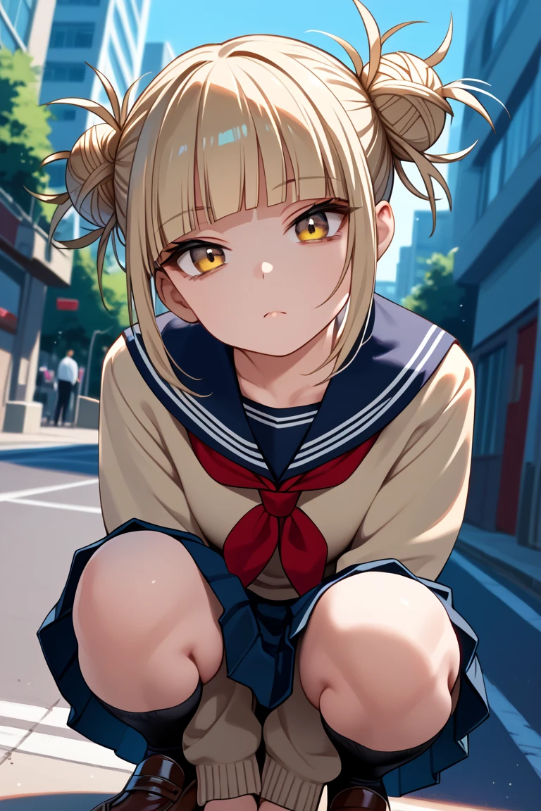 1girl, toga himiko, school uniform, skirt, official costume, outdoors, city, general, 
squatting, arms between legs, dutch angle, hands, hanging hair, head tilt, looking at viewer, Stoic, Expressionless face with a neutral mouth and a neutral gaze.,,