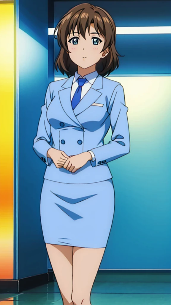 Brown Hair、 Long Straight Hair、Green Eyes，悲しいface， Full Body Style 、 normal breasts、 narrow waist 、Bare legs、In a suit、 blue jacket ,襟付きshirt, shirt, yellow tie ,belt,,  Blue Mini Pencil Skirt, black tights，White pumps，My legs are slightly flabby， OFFICIAL ART, Extremely Fine CG Unity 8k Wallpaper,  full light, colorful , bright _ Front_face_Lighting,  shiny skin, ( masterpiece:1.0),(Highest_quality:1.0), 超 Hi-Res,4K,Ultra-detailed, photo shoot, 8k,  Hi-Res,  Hi-Res,  absurd:1.2,  Kodak Portra 400,  film grain,  blurry background, Bokeh:1.2,  lens flare , (Vibrant_ color:1.2), Professional photography,Anime Images、