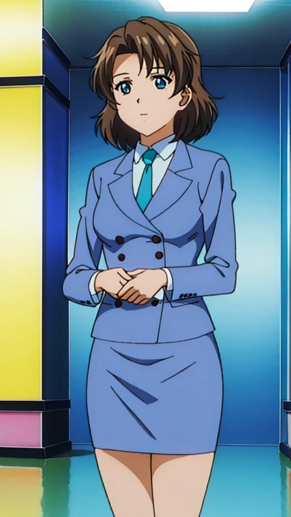 Brown Hair、 Long Straight Hair、Green Eyes，悲しいface， Full Body Style 、 normal breasts、 narrow waist 、Bare legs、In a suit、 blue jacket ,襟付きshirt, shirt, yellow tie ,belt,,  Blue Mini Pencil Skirt, black tights，White pumps，My legs are slightly flabby， OFFICIAL ART, Extremely Fine CG Unity 8k Wallpaper,  full light, colorful , bright _ Front_face_Lighting,  shiny skin, ( masterpiece:1.0),(Highest_quality:1.0), 超 Hi-Res,4K,Ultra-detailed, photo shoot, 8k,  Hi-Res,  Hi-Res,  absurd:1.2,  Kodak Portra 400,  film grain,  blurry background, Bokeh:1.2,  lens flare , (Vibrant_ color:1.2), Professional photography,Anime Images、