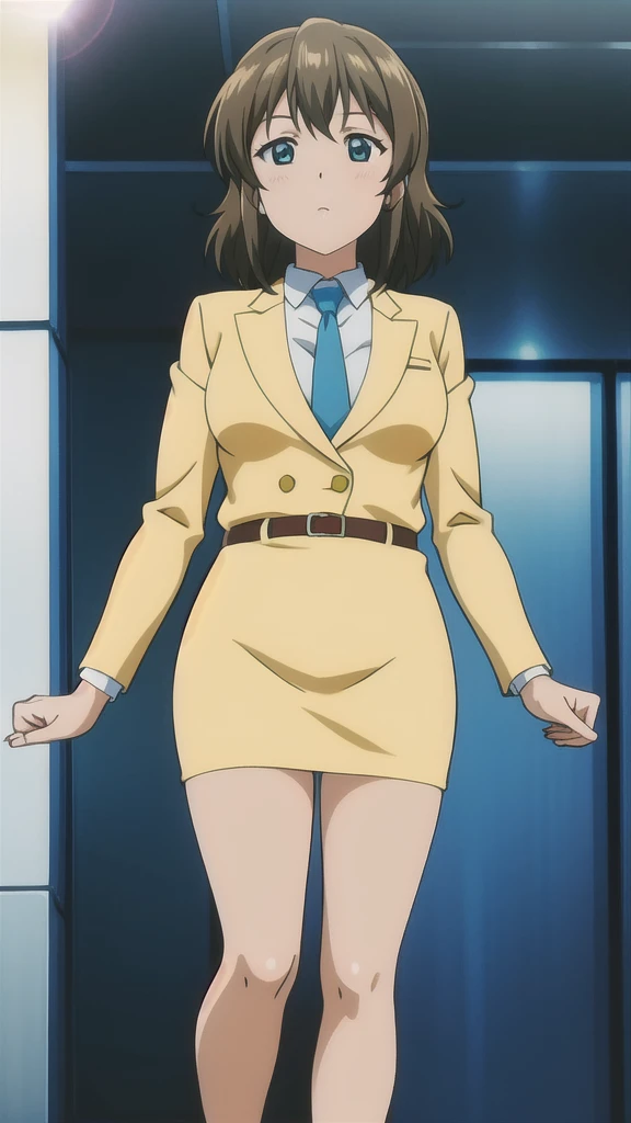 Brown Hair、 Long Straight Hair、Green Eyes，悲しいface， Full Body Style 、 normal breasts、 narrow waist 、Bare legs、In a suit、 blue jacket ,襟付きshirt, shirt, yellow tie ,belt,,  Blue Mini Pencil Skirt, black tights，White pumps，My legs are slightly flabby， OFFICIAL ART, Extremely Fine CG Unity 8k Wallpaper,  full light, colorful , bright _ Front_face_Lighting,  shiny skin, ( masterpiece:1.0),(Highest_quality:1.0), 超 Hi-Res,4K,Ultra-detailed, photo shoot, 8k,  Hi-Res,  Hi-Res,  absurd:1.2,  Kodak Portra 400,  film grain,  blurry background, Bokeh:1.2,  lens flare , (Vibrant_ color:1.2), Professional photography,Anime Images、