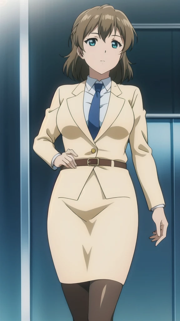 Brown Hair、 Long Straight Hair、Green Eyes，悲しいface， Full Body Style 、 normal breasts、 narrow waist 、Bare legs、In a suit、 blue jacket ,襟付きshirt, shirt, yellow tie ,belt,,  Blue Mini Pencil Skirt, black tights，White pumps，My legs are slightly flabby， OFFICIAL ART, Extremely Fine CG Unity 8k Wallpaper,  full light, colorful , bright _ Front_face_Lighting,  shiny skin, ( masterpiece:1.0),(Highest_quality:1.0), 超 Hi-Res,4K,Ultra-detailed, photo shoot, 8k,  Hi-Res,  Hi-Res,  absurd:1.2,  Kodak Portra 400,  film grain,  blurry background, Bokeh:1.2,  lens flare , (Vibrant_ color:1.2), Professional photography,Anime Images、