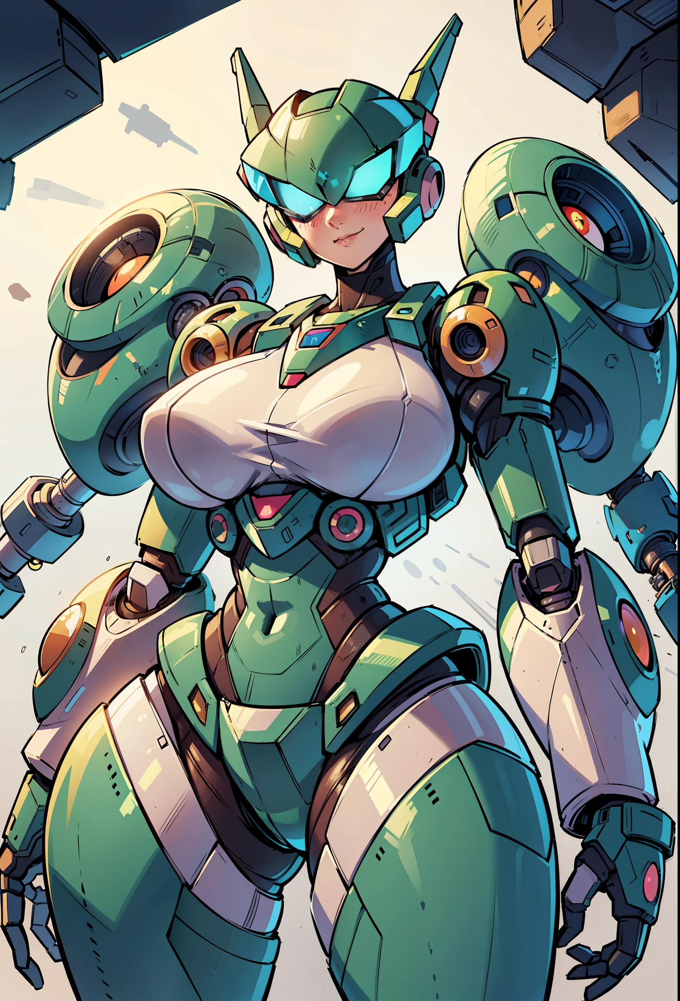 sexy, professional artwork, detailed eyes, beautiful eyes, beautiful face, flawless face, gorgeous face, smooth features, large breasts, blush, thick thighs, beautifully detailed background, chubby, thick, curvaceous, voluptuous, thick thighs, wide hips, belly, soft, full figure, big beautiful woman, pudgy, sci-fi, science fiction, future, neon lights, space ship interior, space ship, space, space visible through window, outer space, mechanical background, samus, samus aran, metroid, varia suit, power suit, nintendo, metroid dread, super metroid, metroid prime, cyberpunk, cyborg, cyborg woman, cybernetics, cybernetic, robot, robotic arm, robotic leg, smiling, short hair, black hair