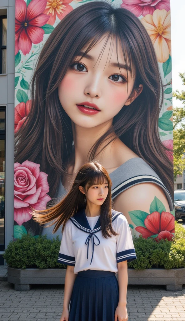  Beautiful Stunning Women Fluttering Their Hair ,  Japanese high school sailor suit  :1.331,  navy blue pleated skirt ,  Her own portrait mural is painted on the finely tiled wall of a corner building,  Her own portrait is colorful street painting ,  Her portrait is reflected in a mural , The original girl stands with her back to the mural , Embossed mural , Street Movement ,  sun rays ,  anatomically correct proportions, Expression of absolute beauty ,  Absolute narcissism , 