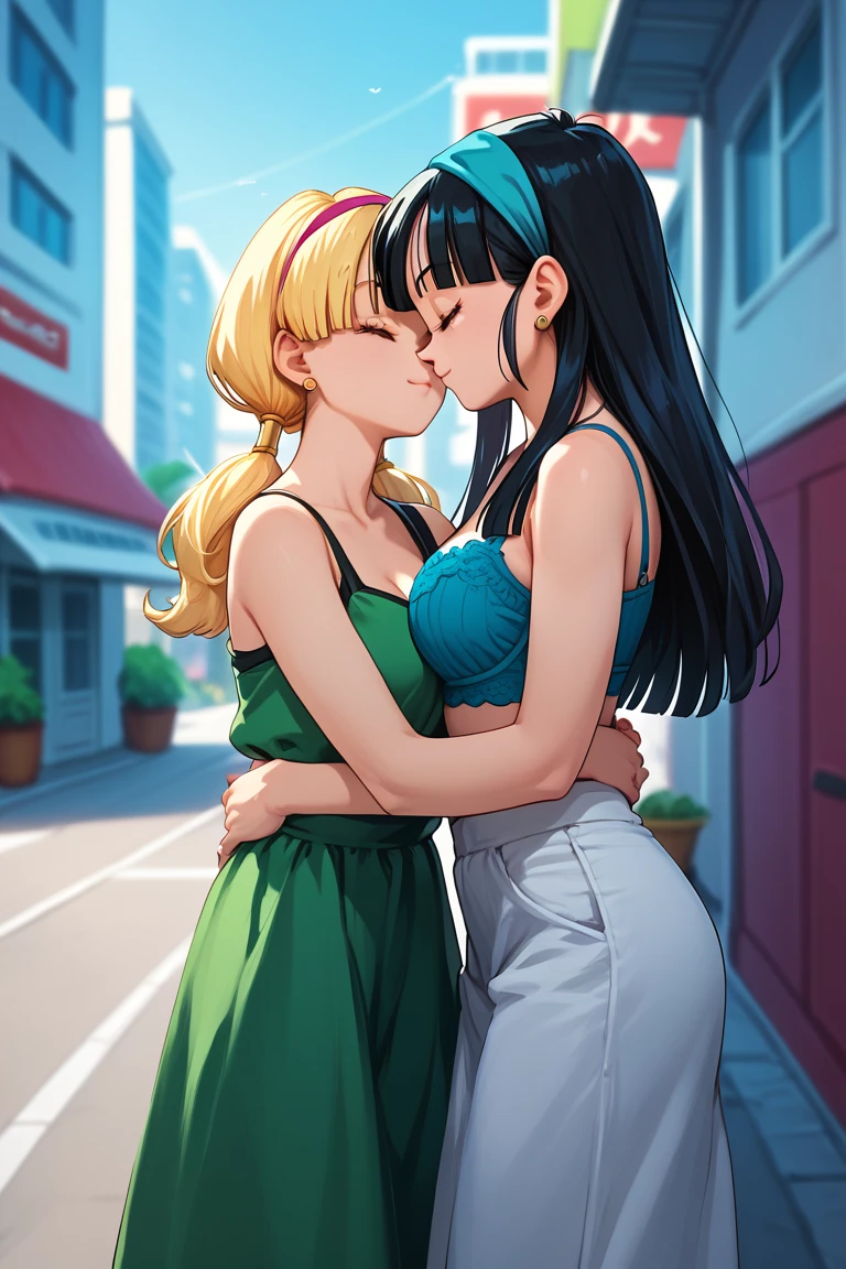 3girls, couple, hug, pan \(dragon ball\), bandana, bob cut, black hair, 
bra \(dragon ball\), hairband, long hair, aqua hair, 
marron \(dragon ball\), low twintails, blonde hair, 
official costume, outdoors, city, general,