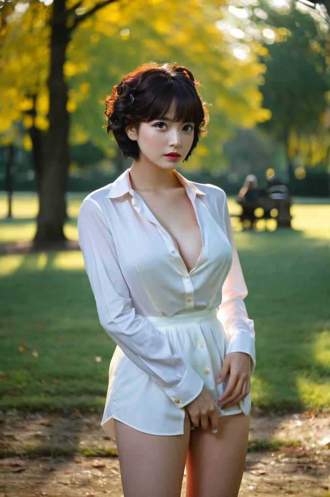 a woman aged 23 in the park who is standing is the most beautiful actress whose genital is exactly the same one as a man, short hair cut to above ears as a man, large breasts in the formal shirt are not exposed but hidden, her bare crotch, her bare thighs, nsfw, best quality, highly detailed, masterpiece, ultra high res, photo realistic, 8k, RAW photo 