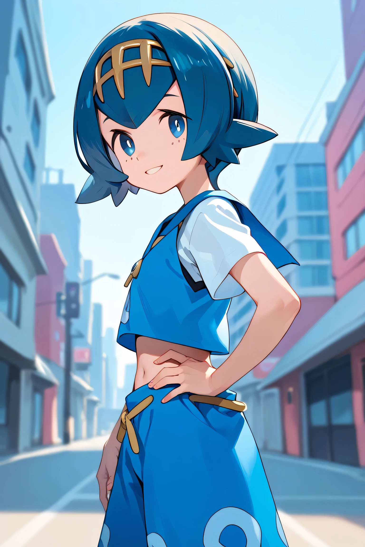 1girl, lana \(pokemon\), official costume, outdoors, city, general, 
looking at viewer, upper body,  hand on own hip,  perspective ,pointing at viewer, dynamic angle, from side, Curious, Chin tilted up slightly, eyes wide open, and a slight smile.,