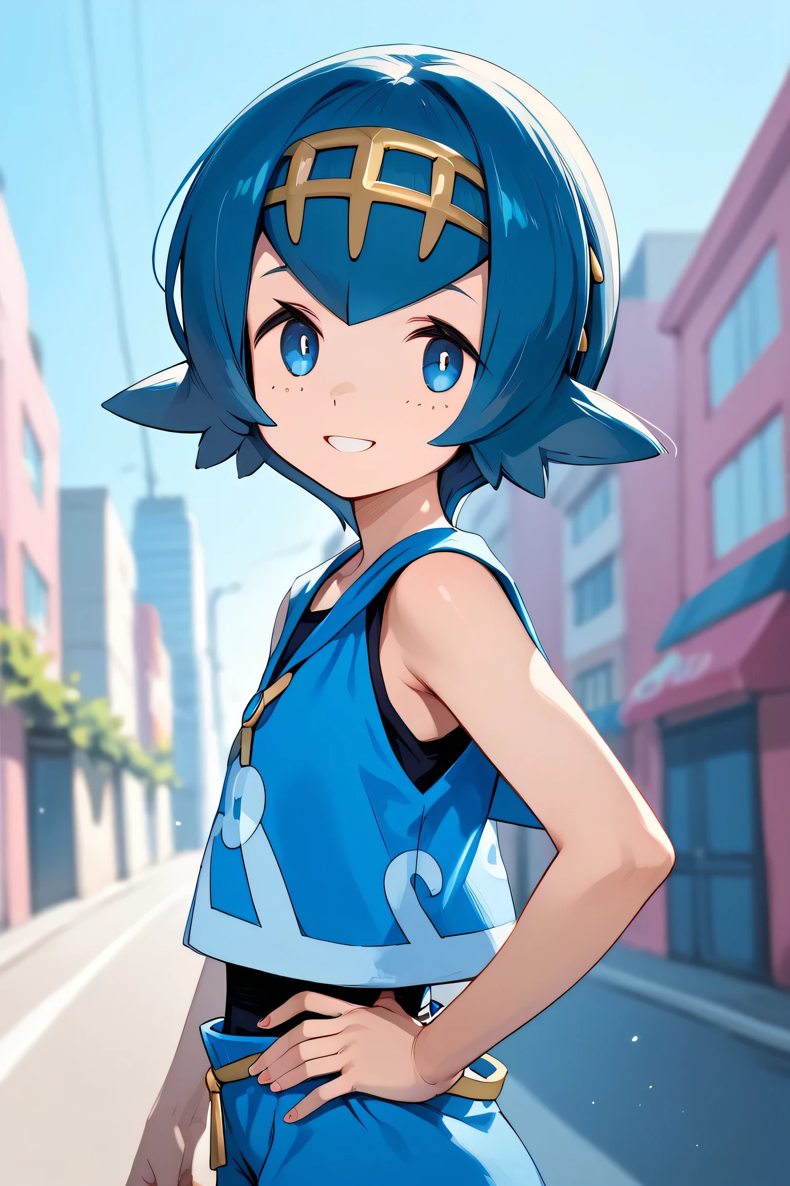 1girl, lana \(pokemon\), official costume, outdoors, city, general, 
looking at viewer, upper body,  hand on own hip,  perspective ,pointing at viewer, dynamic angle, from side, Curious, Chin tilted up slightly, eyes wide open, and a slight smile.,