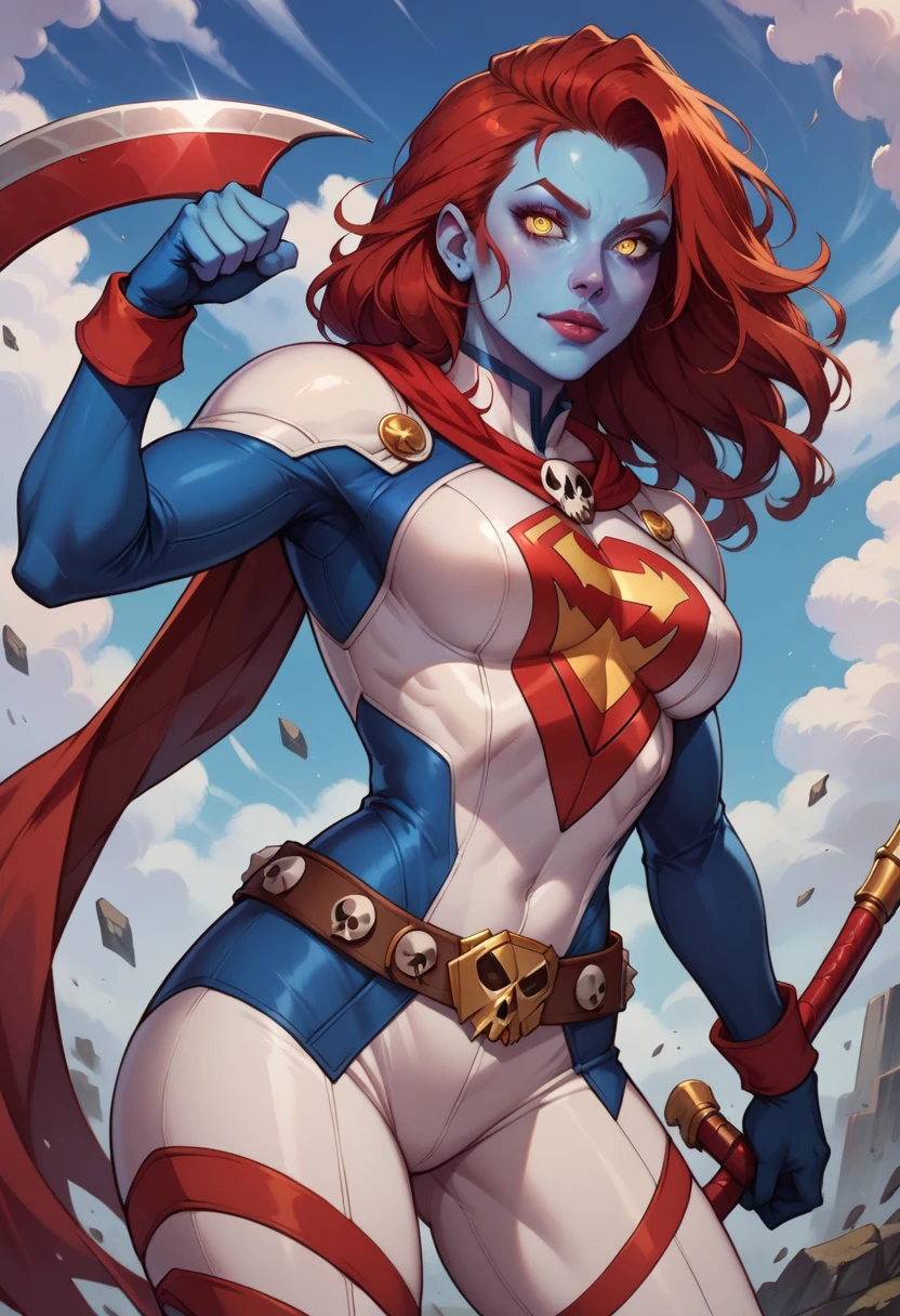 8k, mystique, on a scycraper, nighttime, (cool superhero pose), detailed pupils, white bodysuit, skull belt, masterpiece, best quality, detailed, comics style, (looking at viewer:1.25), 25 years old, blue skin, red hair, yellow eyes,