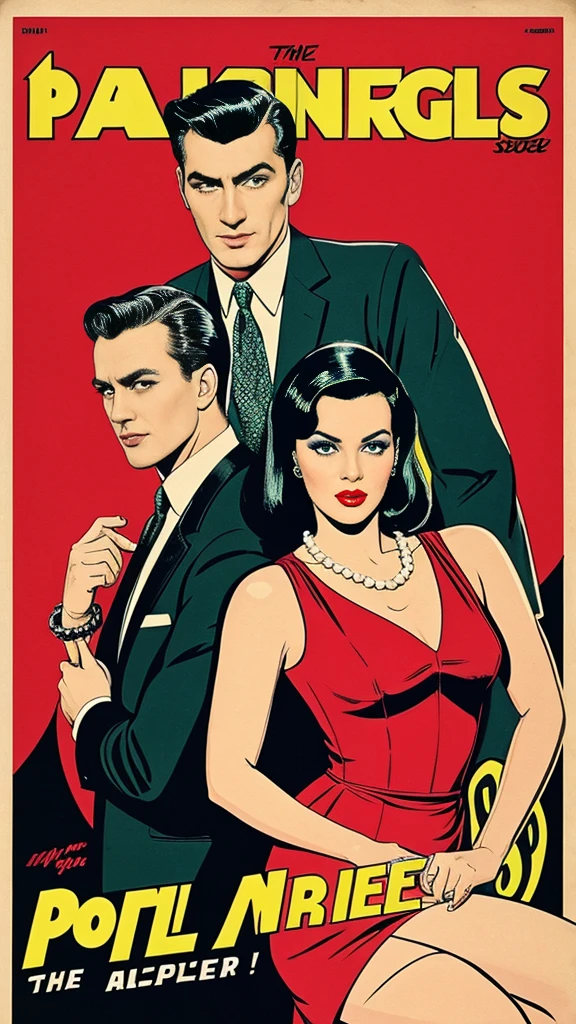 a dangerous female rental killer with black hair in 1960s hairstyle, beautiful detailed eyes, beautiful detailed lips, extremely detailed face, long eyelashes, wearing a long flowy period dress with pearl necklace, against a Bauhaus-inspired abstract background with shapes, lines, mid-century modern propaganda style, intense green eyes, dangerous logo, comic book style, very colorful dresses, pop art comic book, 1960 poster, cinematic, 8k, highly detailed, magical, vintage spy film-inspired, movie poster, neon lights, party, spy men, couples, guns, boombs, chaos, romance, men dangerous, red dresses, black tuxedo