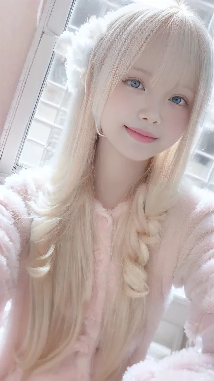 ((top-quality、masutepiece、8K、Top image quality))、(1 photo:1.5)、Highly saturated、Vivid、Very bright、1 、(cute fur loungewear:1.3)、(Upper body shot of a woman sitting on a bed:1.5)、(Upper body photo:1.5)、(The happiest smile:1.2)、View me、waved hair、(The background is a very large pink and white room.:1.3)、(A cute pink and white room recreated in detail:1.5)、(Rooms with a sense of openness:1.3)、clean and comfortable、lipsticks、Emphasize body lines、large full breasts、Perfect makeup、fancy colored contacts、long eyelashes、(accurate anatomy:1.3)、(Perfect blonde:1.2)、(de pele branca:1.3)、(huge pink bed:1.3)、(Cute curtains:1.2)、(pure white chest:1.1)、(The vase is decorated with roses:1.1)、(White fur carpet:1.2)、(Cute stuffed animal:1.2)